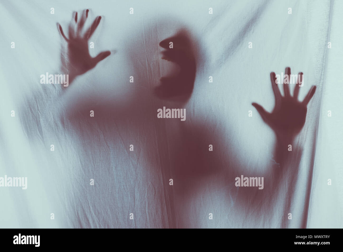 Scary sfocata silhouette di un irriconoscibile persona urlando dietro il velo Foto Stock