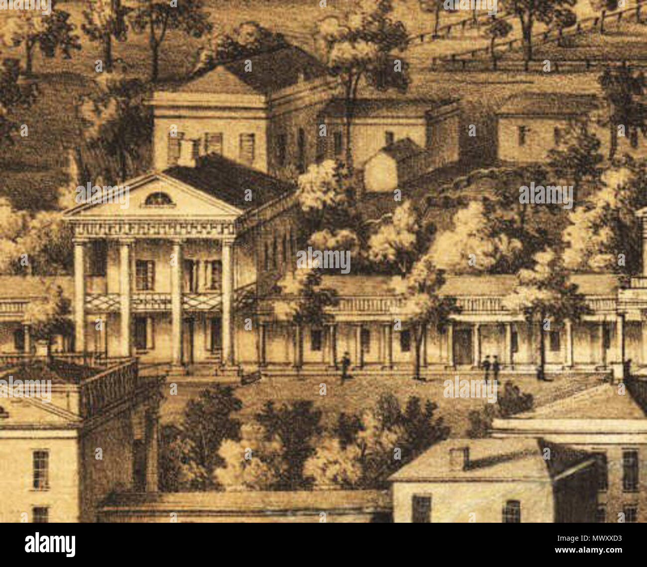 . Università di Virginia: Pavillon IV presso il prato dietro di esso Hotel B. Litografia dal 1856. Descrizione di tutta la litografia presso la University of Virginia cronologia visiva raccolta: Titolo: vista dell'Università della Virginia, Charlottesville & Monticello, preso dalla montagna di Lewis (...) Commenti: Università di Virginia, da ovest, mostrando Rotunda, allegato, Prato, intervalli e Teatro Anatomico. Pubblicato da Casimiro Bohn, Washington D.C. e Richmond, VA, marcato, in basso a sinistra, 'drawn dalla Natura & stampate a colori da E. Sachse & Co.' marcato, in basso a destra, 'Sun edificio di ferro Baltimore, Md.' 1 Foto Stock