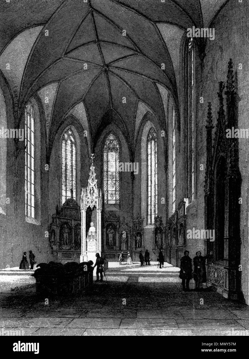 . Deutsch: Inneres von San Michele in Pforzheim - Stahlstich von Louis Friedrich Hoffmeister um 1840. Inglese: Interno della parrocchia di San Michele in Pforzheim - acciaio incisione di Louis Friedrich Hoffmeister, ca. 1840. circa 1840. illustrazione: Louis Friedrich Hoffmeister; file: James Steakley 571 St Michael Pforzheim Inneres Foto Stock