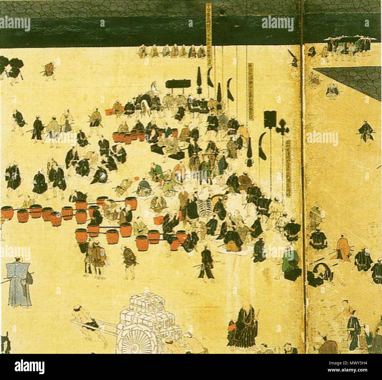 . Inglese: fermi in attesa dei loro maestri (terzo pannello) da 'Piegatura schermo raffigurante scene della partecipazione dei Daimyo a Edo Castello". Museo Nazionale di Storia Giapponese. Luglio 1847. Kiyomitsu Kyosai 351 Kyosai Kiyomitsu 001b Foto Stock