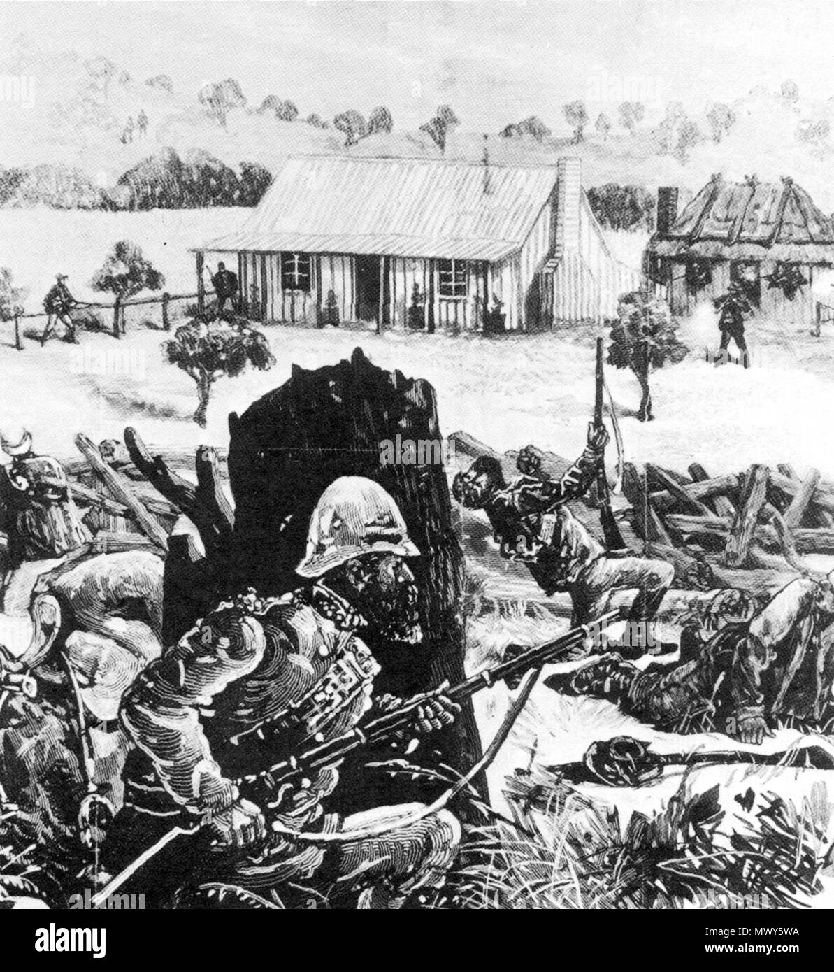 . Inglese: scena dal 1879 Australasian Sketcher (giornale) che mostra un shoot-out con bushrangers, una fattoria (?) con due slab-abitazioni. 1879. Unnamed ("Tutto anonimo/pseudonimo di opere pubblicate prima del 1 o gennaio 1940 sono di pubblico dominio.') 564 Slab-Huts 1879 schizzo di giornale Foto Stock