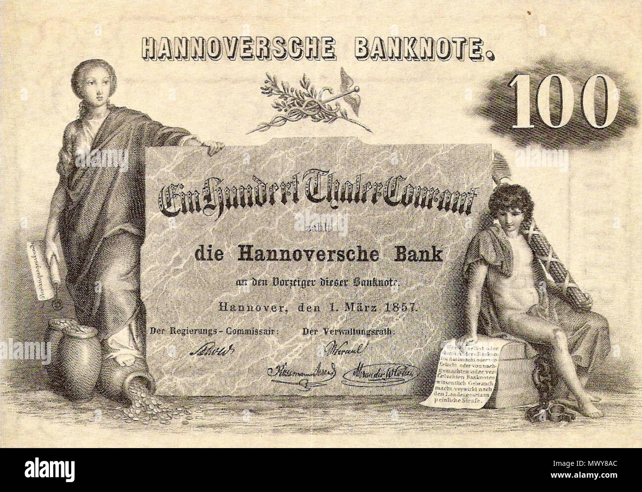 . Inglese: banconota della Banca Hannoversche. 100 Taler da 1857 Deutsch: banconota der Hannoverschen Bank von 1857 über 100 Taler . 1857. Banca Hannoversche 266 Hannoversche Banca 100 Taler 1857 Foto Stock