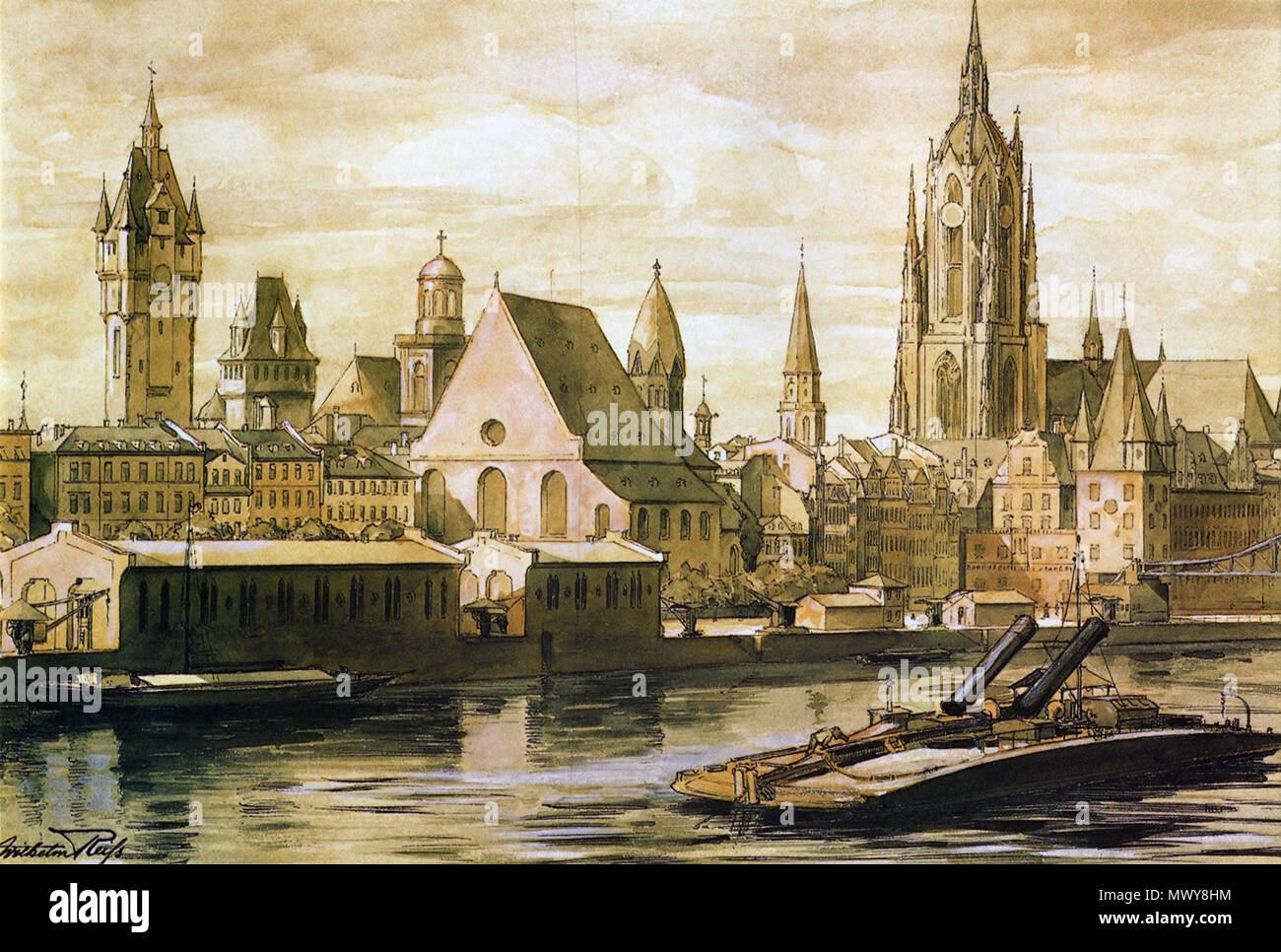 . Inglese: Francoforte sul Meno: rimorchiatore "Maakuh" (coll. per "Main Cow") dell'Mainkette-AG (catena principale Stock Corporation) nella parte anteriore del Mainkai (banchina principale) sulla sua linea tra Mainz e Aschaffenburg fondata nel 1886, sullo sfondo da sinistra a destra le torri Langer Franz (Tall Franz), Kleiner Cohn (Breve Cohn), Paulskirche (chiesa di San Paolo), la Leonhardskirche (San Leonardo la chiesa), la torretta dorsale del Römer, la torre dell'Alte Nikolaikirche (vecchio la chiesa di San Nicola) e della cattedrale, seguita dalla torretta di cresta in cima il suo attraversamento e infine il Rententurm Foto Stock