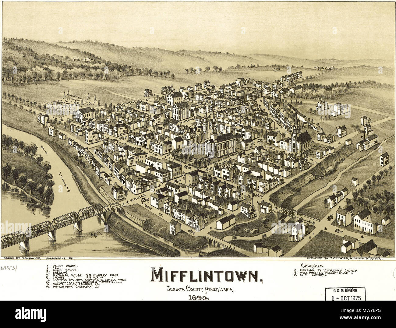 . Inglese: una vista birdseye di Mifflintown, Pennsylvania dal 1895. Mappa in prospettiva; non è disegnata in scala. . 1895 (datato) 416 Mifflintown, Pennsylvania birdseye mappa da Fowler (1895). chiamata loc n. g3824m-PM008027 Foto Stock