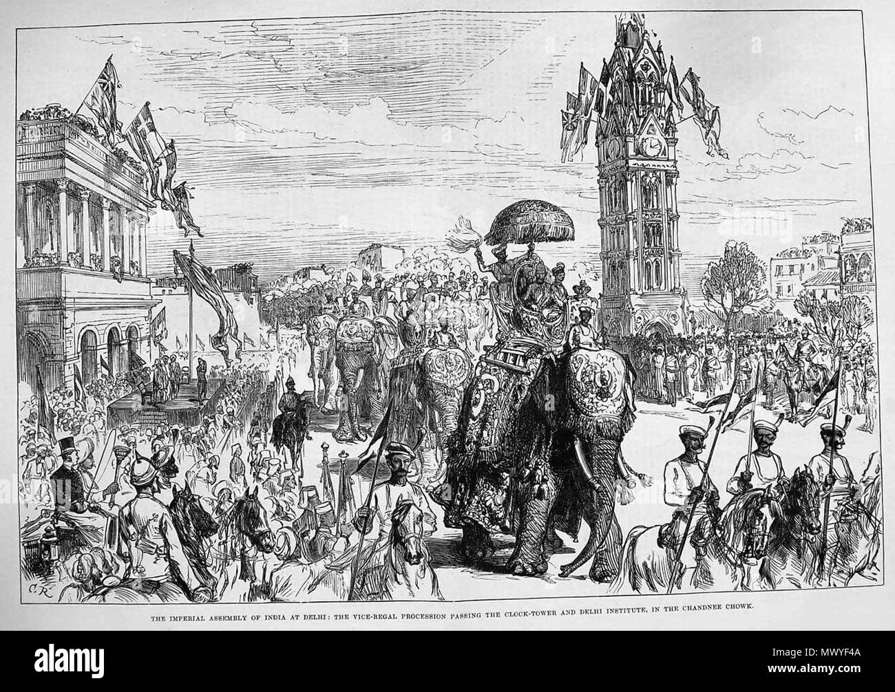 . Inglese: "L'Assemblea Imperiale dell India a Nuova Delhi: la processione Viceregal passando la Torre dell Orologio e Delhi istituto nel Chandnee Chowk,' Illustrated London News, 1877; con molto ampie scansioni di *la metà sinistra* e *la metà destra* . 1877. Illustrated London News, 1877 503 processione1877 Foto Stock