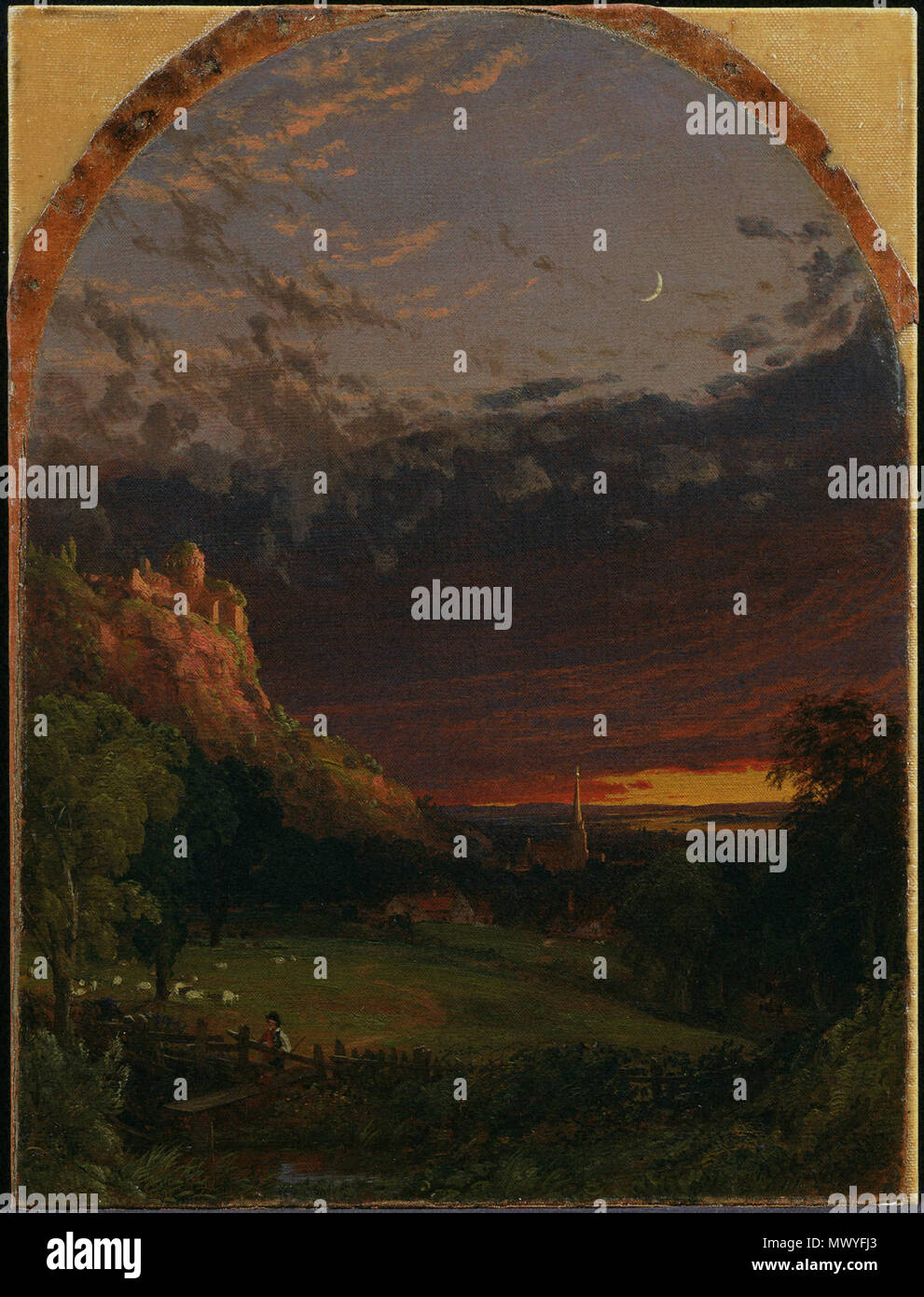 . Inglese: Jasper Francis Cropsey, americano, 1823-1900 sera, 1855 olio su tela 44 x 33 cm. (17 5/16 x 13 in.) telaio: 59,5 × 47 × 7 cm (23 7/16 × 18 1/2 x 2 3/4 in.) il dono di Stuart P. Feld, classe 1957, e la Sig.ra Feld1984-32 y . 1855 8 1855, Cropsey, Jasper Francesco, Sera Foto Stock