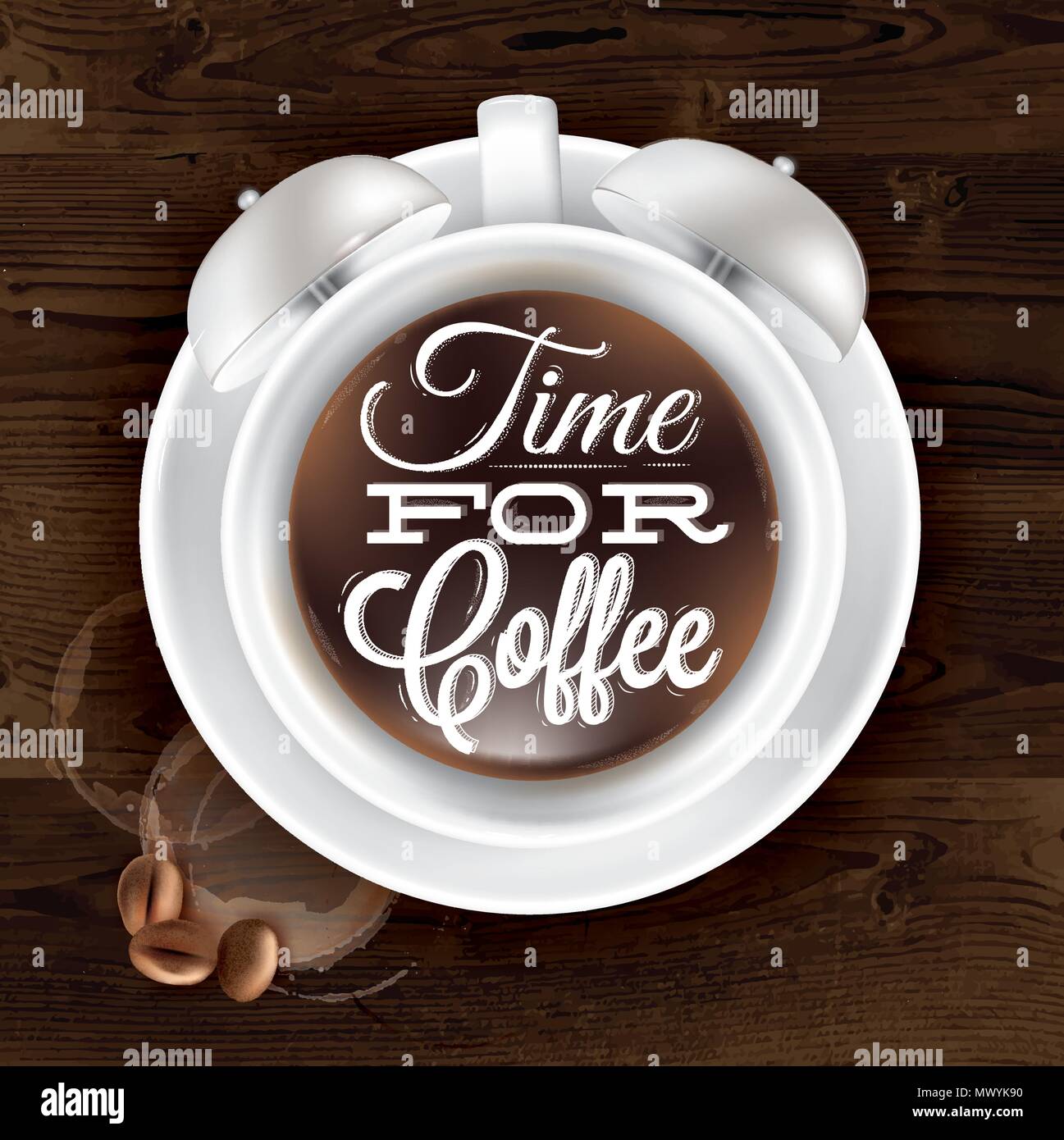 Coppa del poster kofem sveglia in legno scuro colore mostrato con una tazza di scritte tempo per caffè. Vettore Illustrazione Vettoriale
