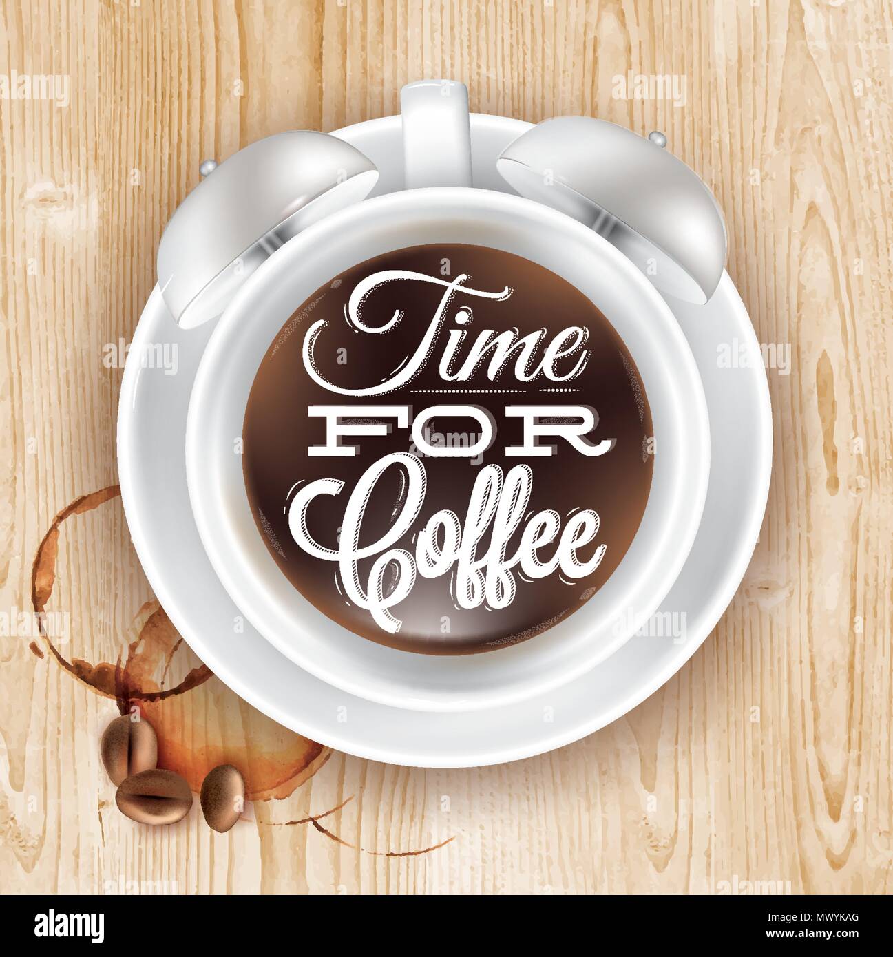 Coppa del poster kofem sveglia soppalco in legno colore mostrato con una tazza di scritte tempo per caffè. Vettore Illustrazione Vettoriale
