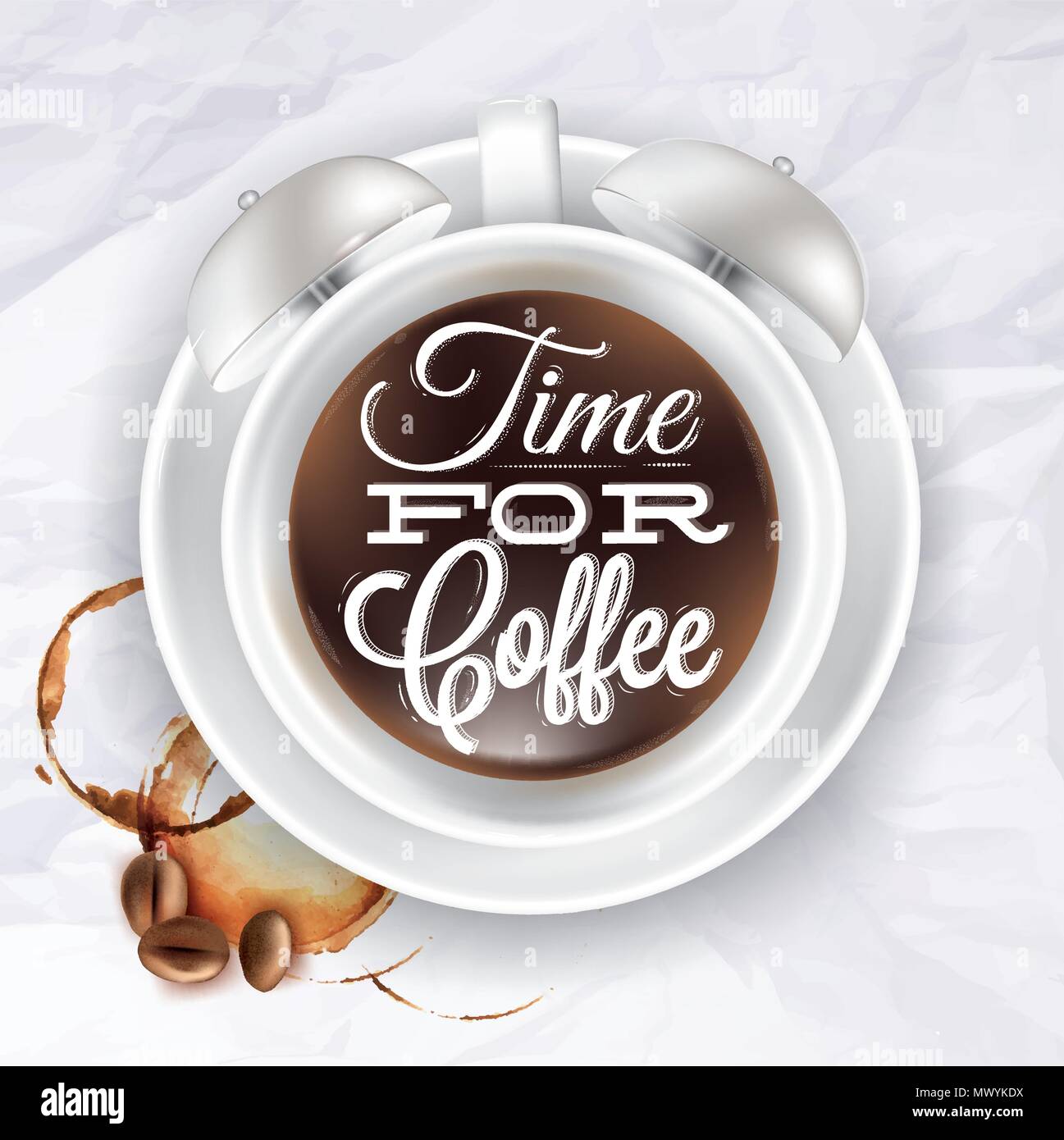Coppa del poster kofem sveglia carta incrumpled colore mostrato con una tazza di scritte tempo per caffè. Vettore Illustrazione Vettoriale