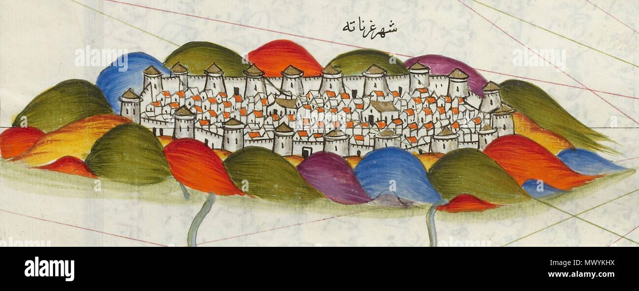 . Español: Vista de la ciudad de Granada. Detalle del mapa de las costas del antiguo Reino de Granada en onu manuscrito del atlas Náutico de Piri Reis titulado Kitab-i Bahriye (siglo XVI). Inglese: veduta della città di Granada. Dettaglio della mappa delle coste del Vecchio Regno di Granada in un manoscritto di Piri Reis dell Atlante nautico intitolato Kitab-i Bahriye (XVI secolo). Il XVI secolo. Piri Reis (circa 1467 - circa 1554) nomi alternativi Hac Ahmed Muhiddin Piri Descrizione ammiraglio turco, geografo e cartografo Data di nascita e morte tra 1465 e 1470 1554 o 1555 località o Foto Stock