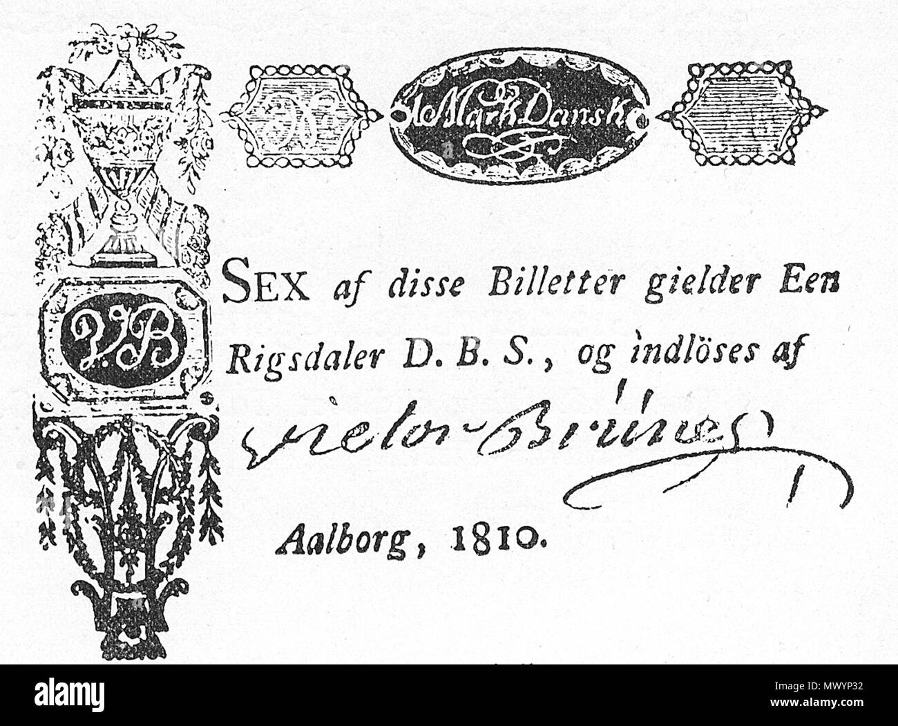 . Inglese: Privato rilasciato banconota. Essa è stata rilasciata dal comune di Aalborg 1810. D.B.S. = Dansk Banko Seddel. Prenota utilizzato come sorgente è stata pubblicata nel 1905.. Eseguire la scansione mediante Saddhiyama, artista sconosciuto. 503 Privat pengeseddel Aalborg 1810 Foto Stock