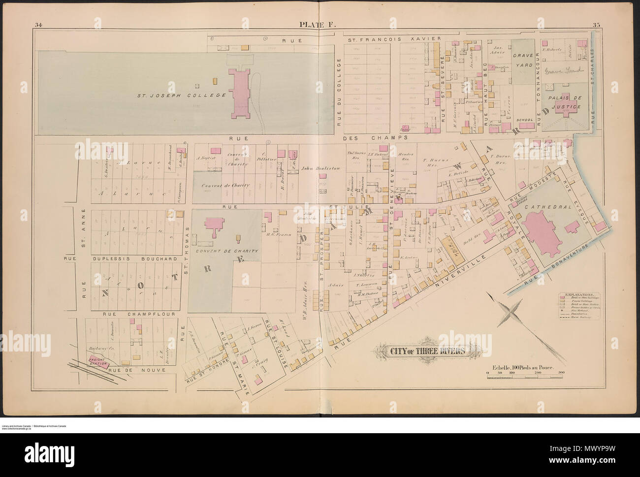. Inglese: reca un incendio piano assicurativo di tre fiumi (Trois-Rivières), Quebec. Si tratta di "Dai sondaggi effettivo e record' E STATO PRODOTTO 'da e sotto la supervisione di H.W. Hopkins, ingegnere civile." Le pagine sono numerate 6-87. Esso comprende due pagine non numerato: una pagina del titolo e la tabella della pagina cotents. Pagina 6-7 mostra la "Carte de Cite de Trois Rivieres. Comte de St Maurice' mentre la pagina 10 & 11 mostra il 'Comte de San Maurizio, Prov. Quebec". Pagine 14-55 mostra piastre A-K. Pagine alterne sono vuoti. 4 marzo 2010, 09:23:04. Misurazione provinciale Pub. Co. (1879) 81202/77 - R6990-974-5-E-G1146.S24H Foto Stock
