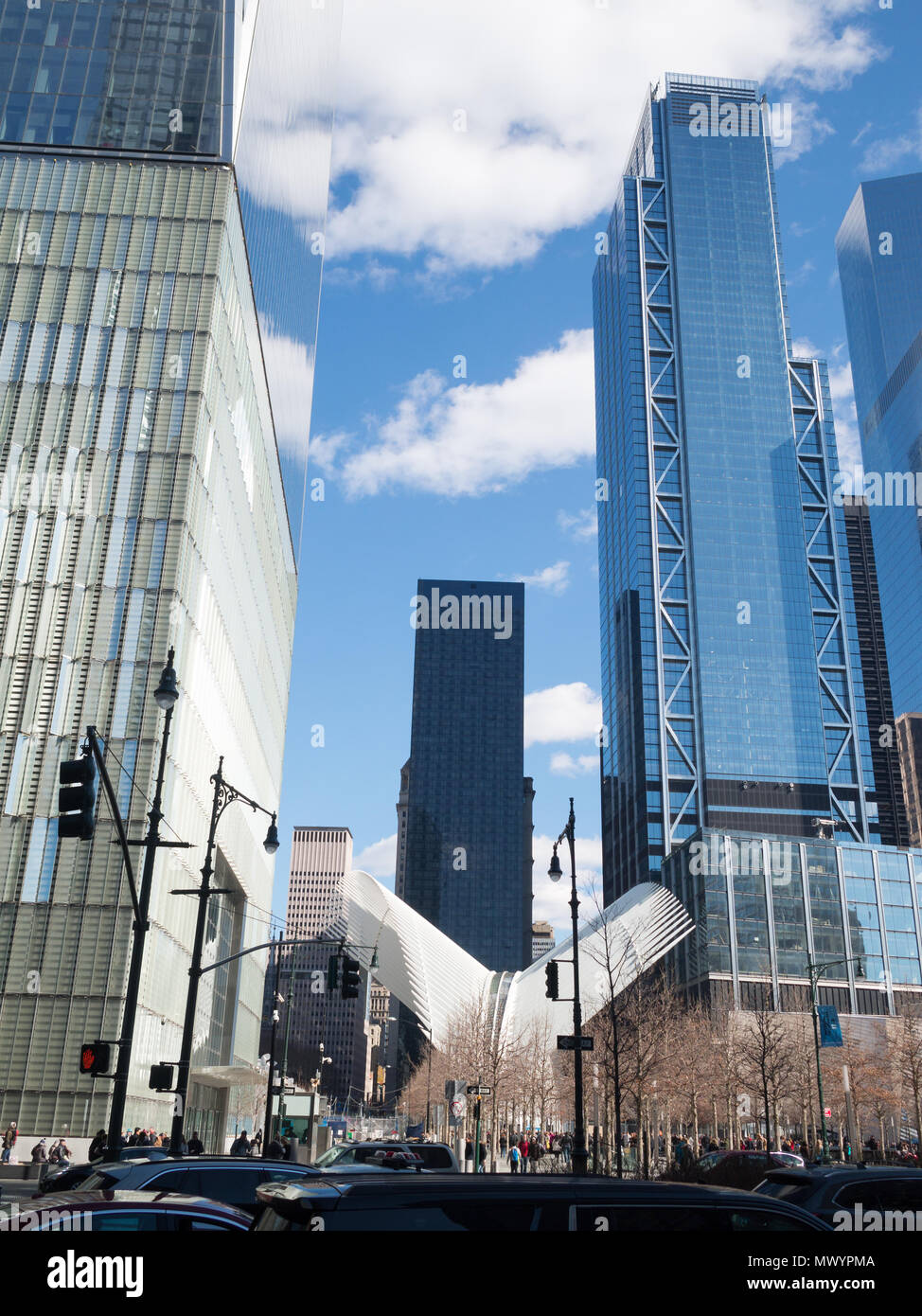 World Trade Center Station tra i grattacieli del centro di Manhattan, New York Foto Stock
