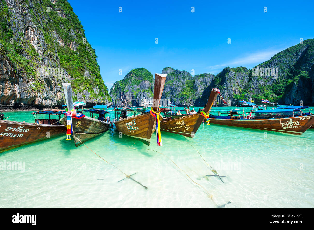 MAYA BAY, Tailandia - 12 novembre 2014: Thai longtail barche decorate con buona fortuna infissi a Maya Bay prima che essa si chiuda a causa del sovraffollamento Foto Stock