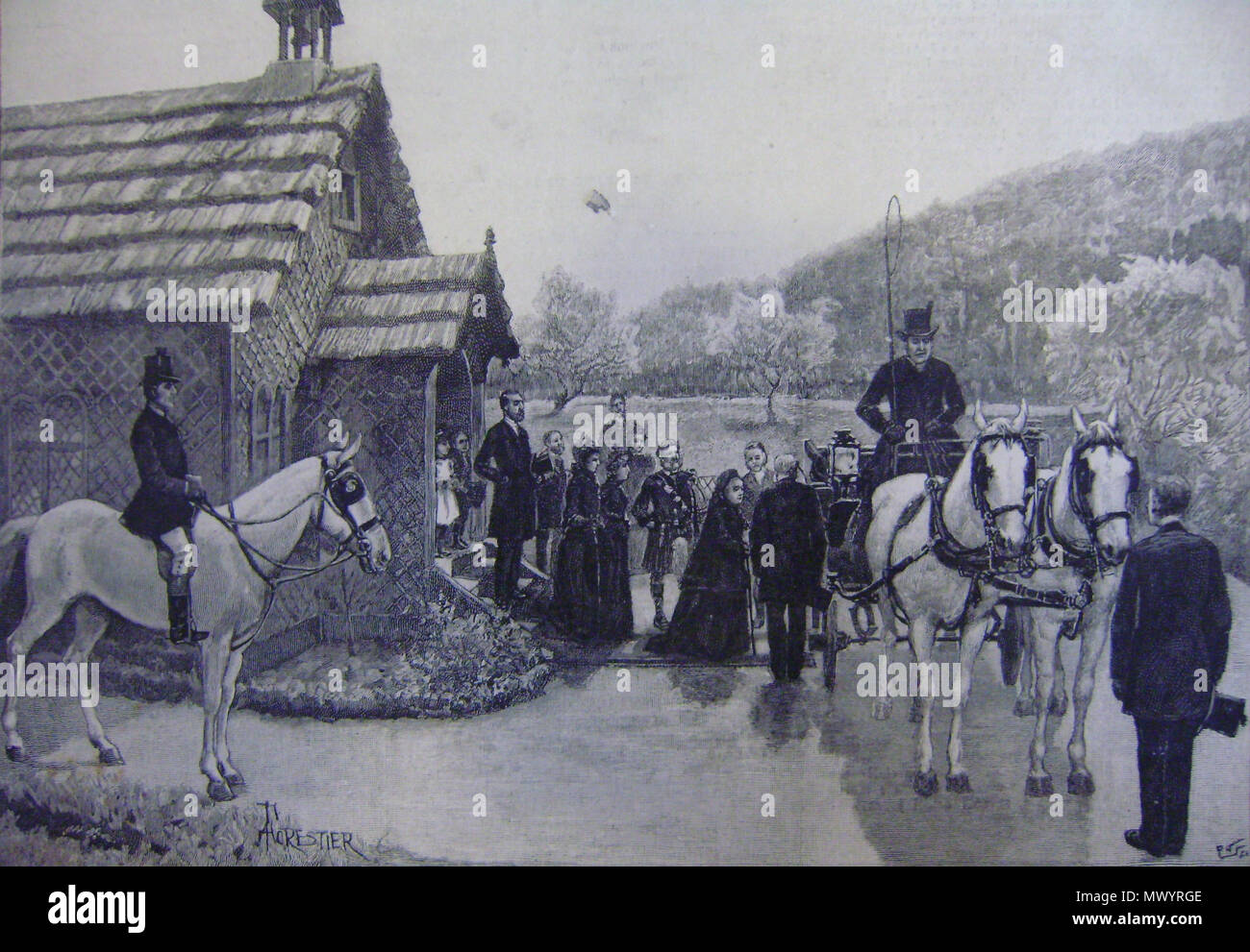 . Inglese: 1892 : " La regina Victoria [] a Hyères: Domenica mattina presso la chiesa Inglese, Costebelle. " Français : La Reine Victoria à la chapelle anglicane de Costebelle, dans la comune d'Hyères, Onu dimanche matin de 1892 ; dans le fond, la Pinède du Plantier de Costebelle. 10 agosto 2010, 12:11 (UTC). Reine Victoria.jpg: Jigsaww lavoro derivato: Nemoi un parlé le 516 Reine Victoria ritagliato Foto Stock