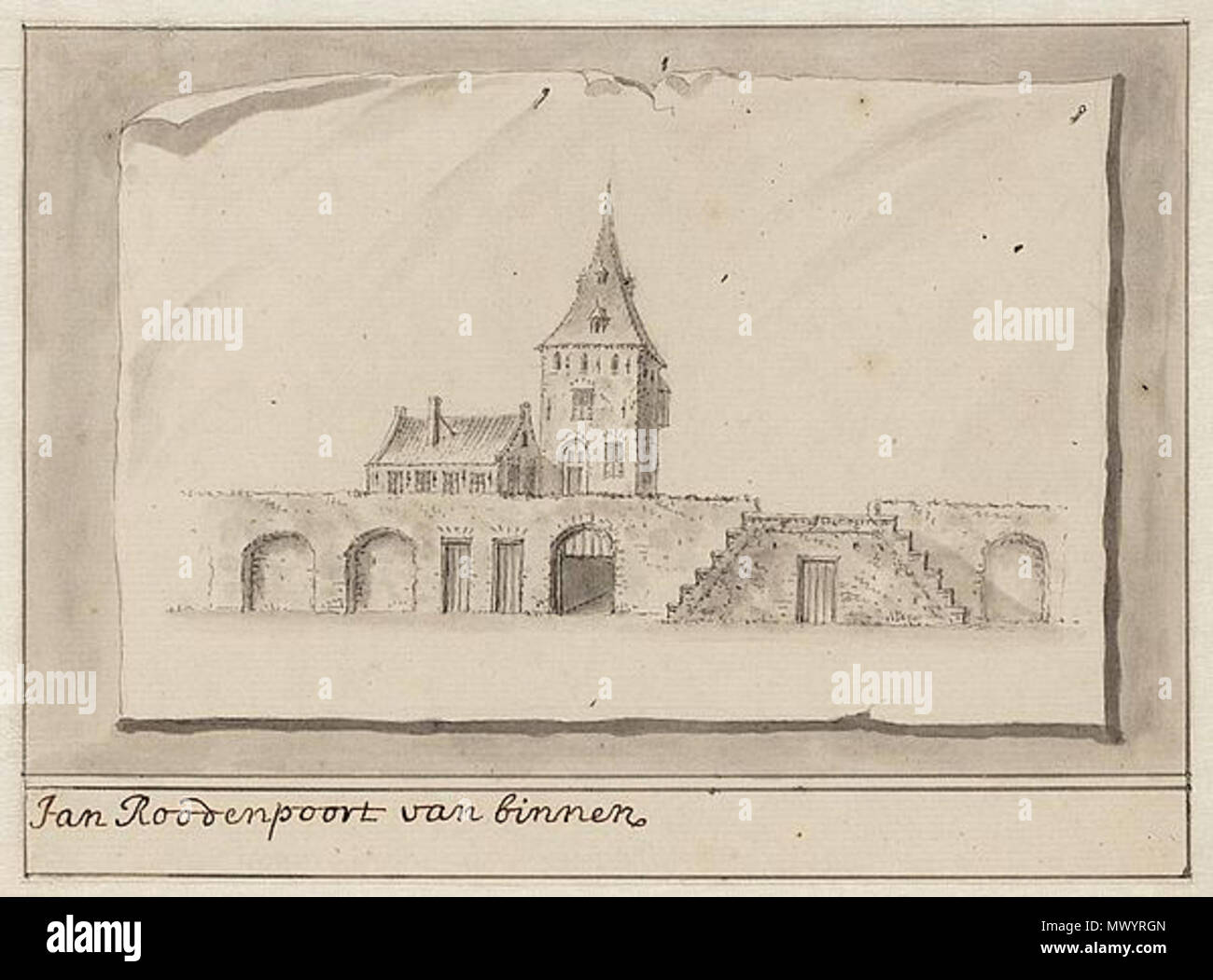 . Nederlands: Tekening van de Jan Rodenpoortstoren te Amsterdam . tra 1715 e 1736. .Ssa Antonina Houbraken (1686-1736) 309 Jan Rodenpoortstoren porta Amsterdam.ssa Antonina Houbraken Foto Stock