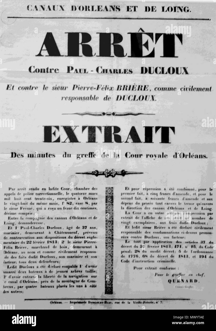 . Arrêt de 1836 pris à l'encontre d'onu marinier du Canal d'Orléans. Il 20 novembre 2010. Roulex 45 110 Canal orleans arret 1836 Foto Stock