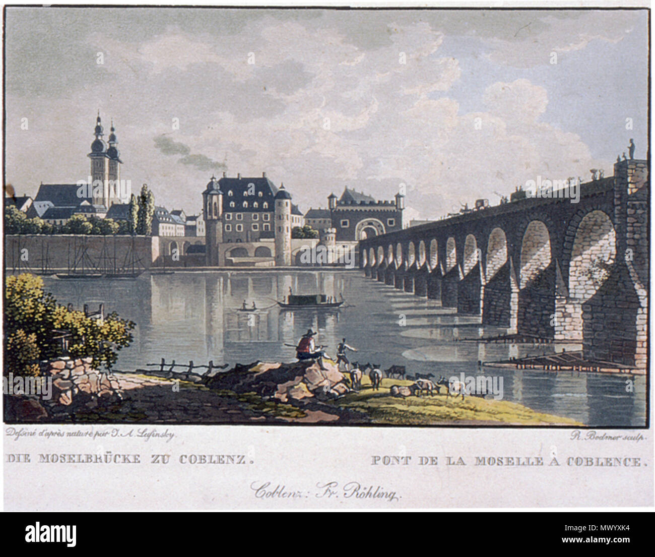 . Deutsch: Blick auf die Alte Moselbrücke Alkolorierter Aquatinta-Stich von R.Bodmer nach Vorlage von J.A. Lasinsky um 1830. Um 1830 eingescannt von Frila (PARLA) 17:45, 4 dicembre 2010 (UTC) am 04.12.2010. R.Bodmer 135 Coblenz 1 Foto Stock