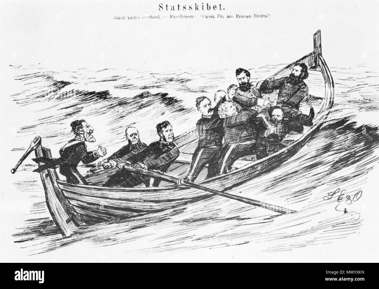 . Inglese: i ministri del governo wat cast Johan Sverdrup fuori bordo. Disegno in Krydseren 1887. Da sinistra è visto Johan Sverdrup, Jacob Stang, Haugland, Sørenssen, Astrup, Jakob Sverdrup, Blix e Arctander. Alle spalle di Jakob Scverdrup skymtar Richter och Kildal. Svenska: Ministrarna vill kasta Johan Sverdrup överbord. Ho Teckning Krydseren 1887. Från vänster ses Johan Sverdrup, Jacob Stang, Haugland, Sørenssen, Astrup, Jakob Sverdrup, Blix och Arctander. Bakom Jakob Scverdrup appaiono Richter e Kildal. 1887. Sconosciuto 574 Statsskibet Foto Stock