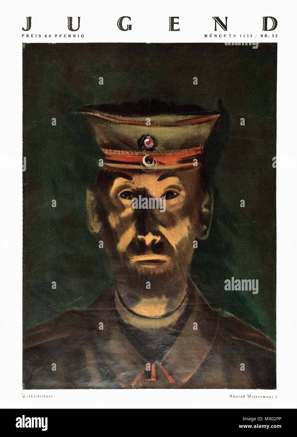 . Inglese: La rivista settimanale Jugend n. 32/1930. Svenska: Veckotidskriften Jugend nr 32/1930. Deutsch: Titel der Kunst- und Literaturzeitschrift "Jugend", Ausgabe Nr. 32/1930 unter Verwendung des Gemäldes Selbstbildnis mit Feldmütze von Konrad Westermayr. coperchio 1930, dipinto prima del 1917. Konrad Westermayr 608 Titel Jugend 1930 32 Foto Stock