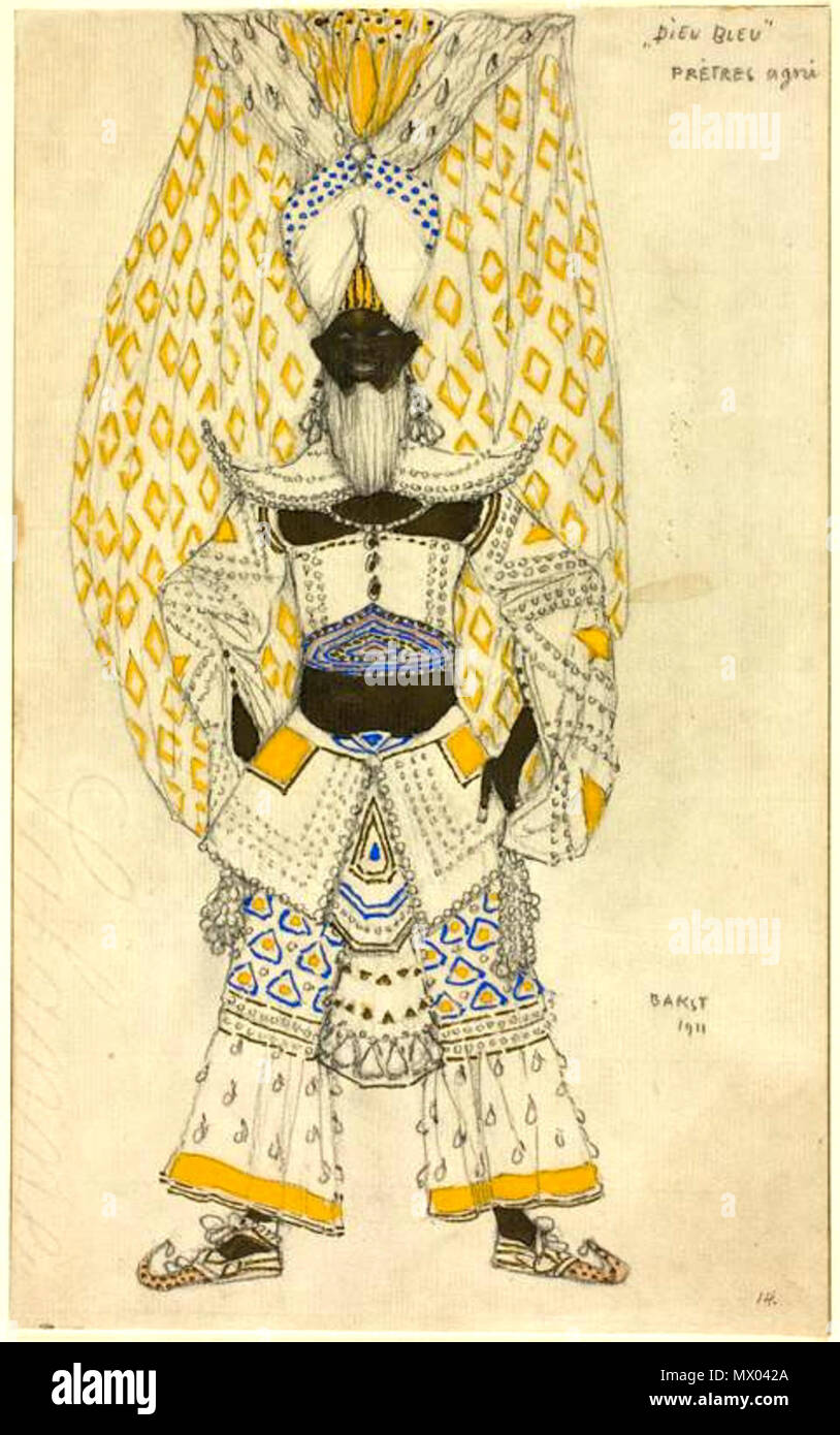 . Эскиз для постановки *Синий бог* Райнальдо Гана. 1912 Costume Design per Pretres Agni, per il dio blu, 1911 grafite, con gouache, vernice metallica e tocchi di rosso acquarello su avorio carta vergata, previste sulla scheda di tan 280 x 174 mm Sidney A. Kent fondo, 1920.2522 . 1911. Bakst 362 Le Dieu Bleu di Bakst 06 Foto Stock