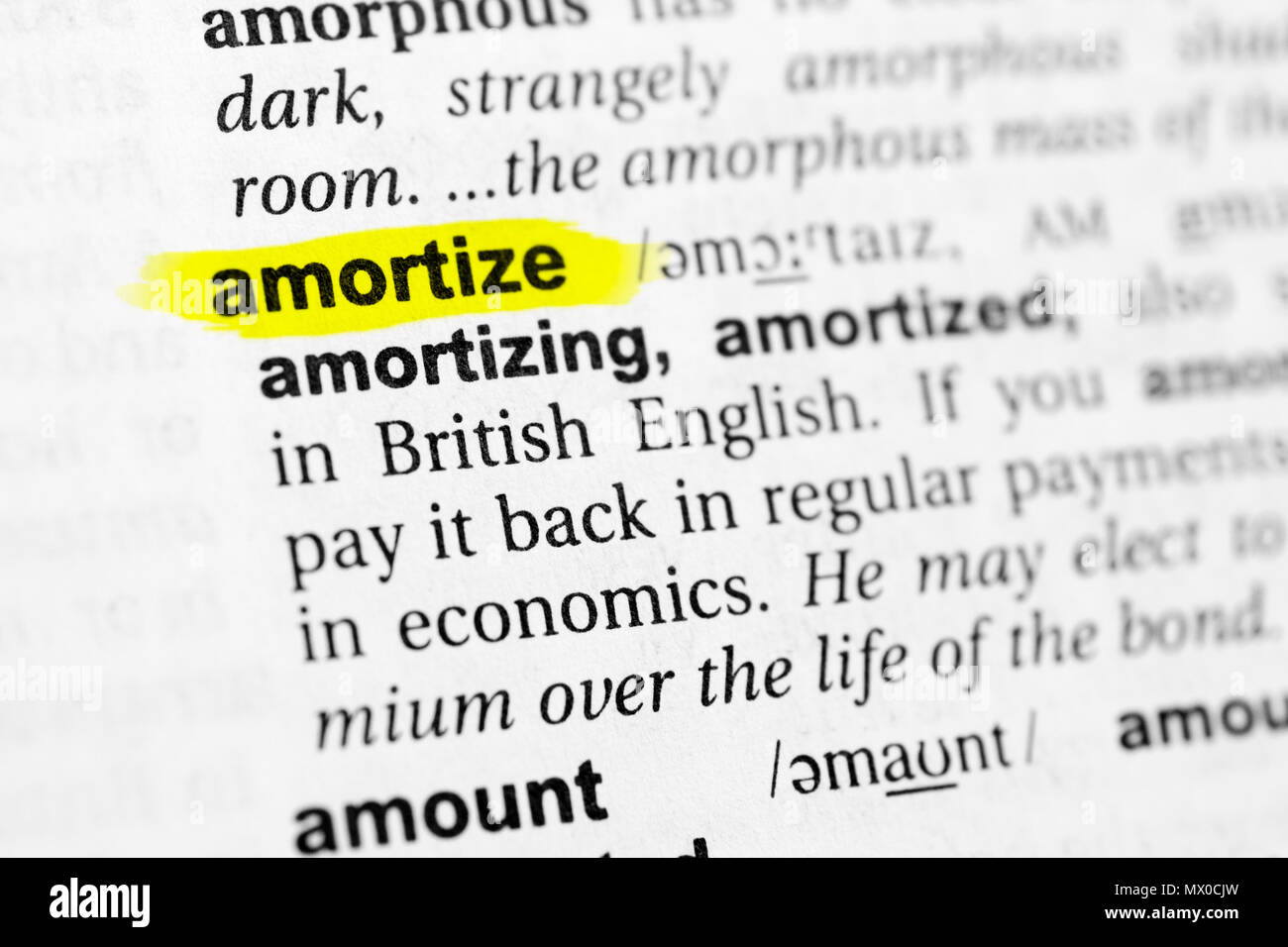 Sottolineato parola inglese "ammortizzare" e la sua definizione nel dizionario. Foto Stock