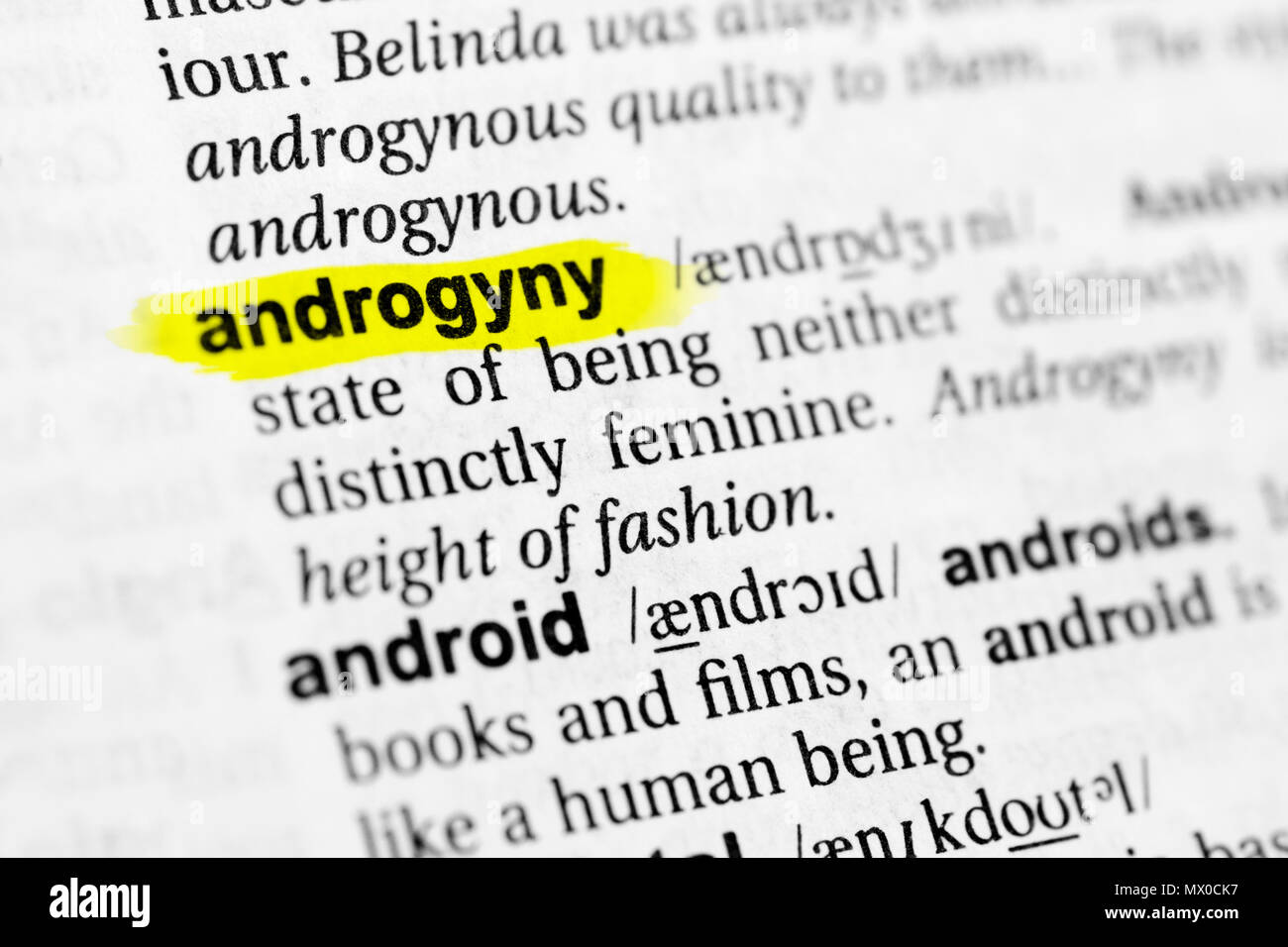 Sottolineato parola inglese 'l'androginia' e la sua definizione nel dizionario. Foto Stock