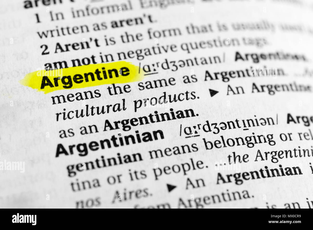 Sottolineato parola inglese 'argentino' e la sua definizione nel dizionario. Foto Stock