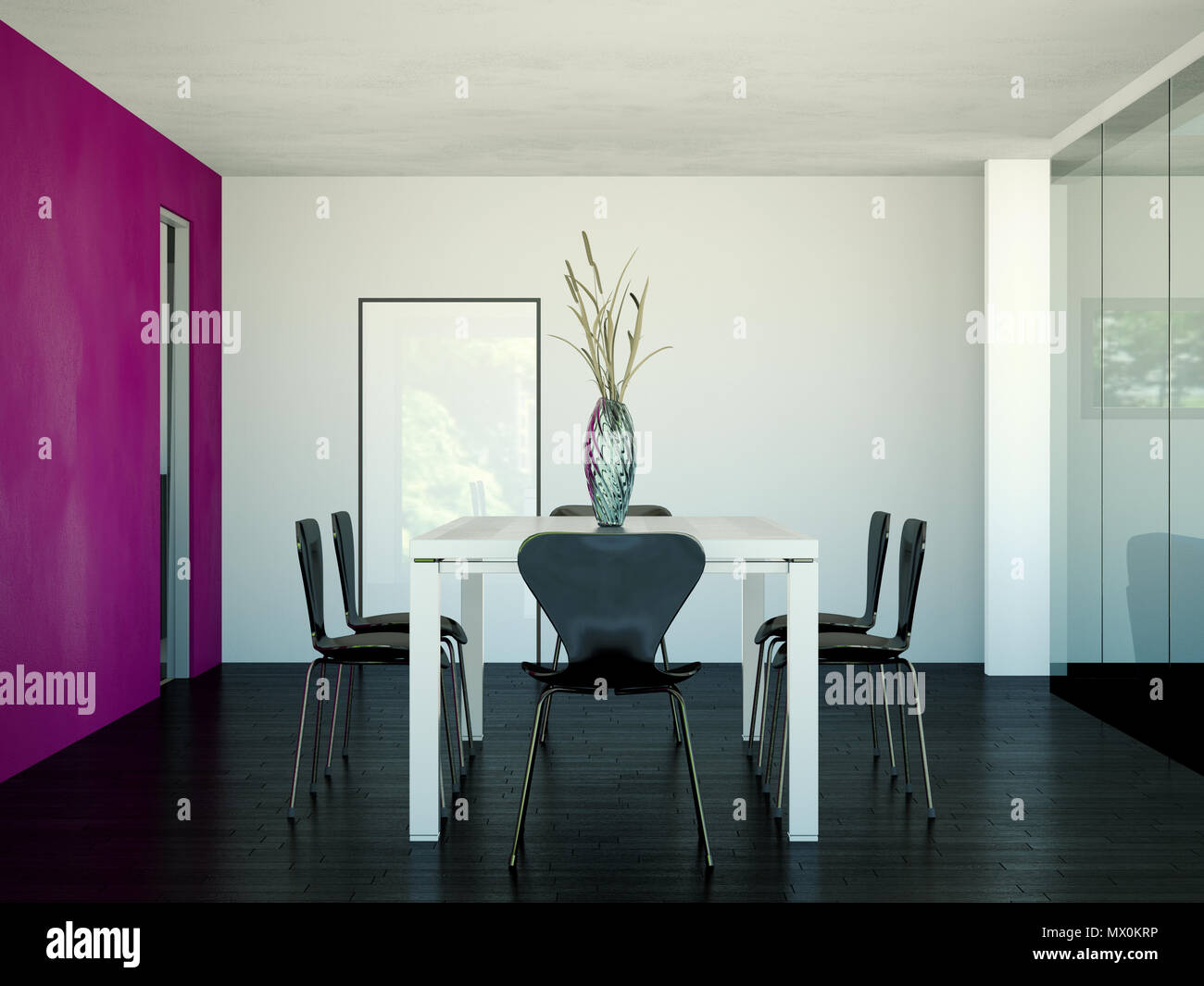 Sala da pranzo moderna interior design grande tavolo dietro glas Foto Stock