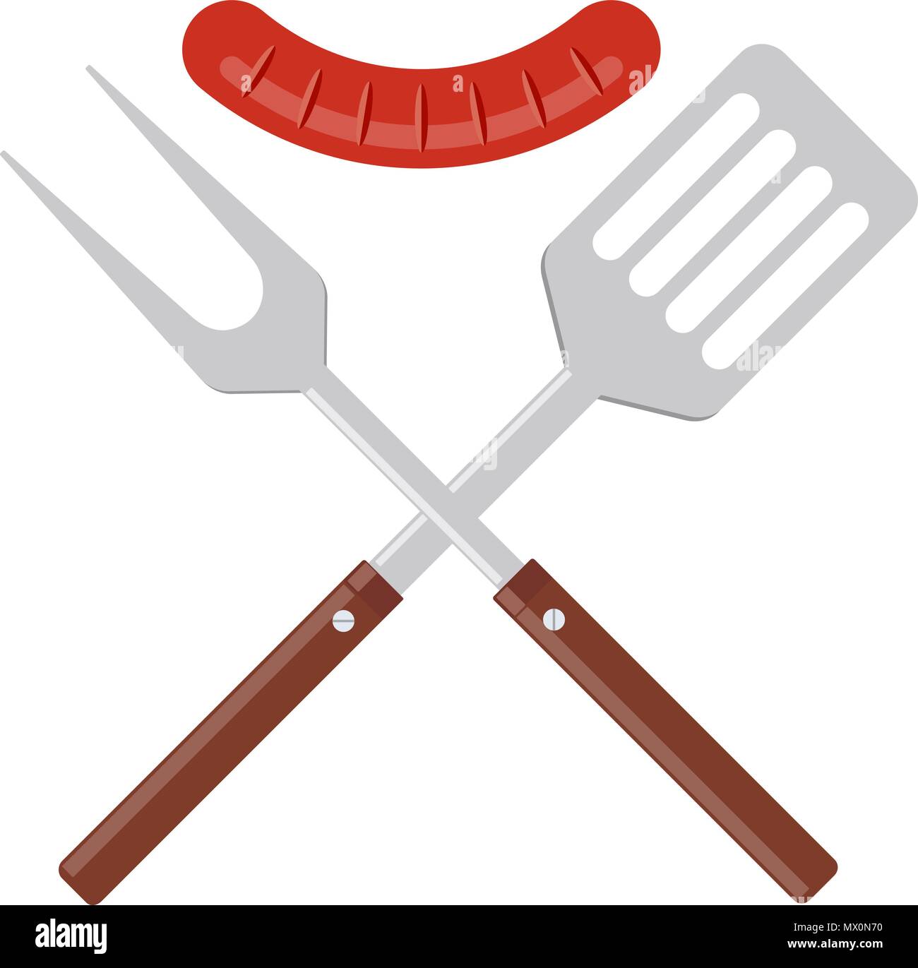 BBQ grill o icona strumenti. Attraversata la forcella barbecue e la spatola con salsicce alla griglia. Il modello Symbol Logo. Illustrazione Vettoriale design piatto. Isolato su wh Illustrazione Vettoriale