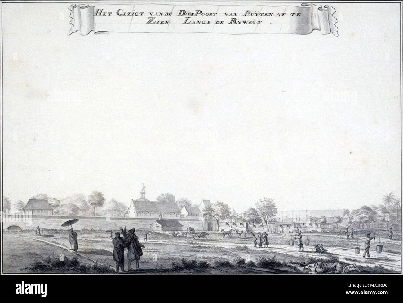 . Inglese: Vista del Diestpoort vedere dal sud. A destra schiavi bagnarsi i cavalli nel fiume. Un bastione su una piccola isola nel fiume di fronte al gate è stato costruito per proteggere contro una possibile minaccia dal vicino quartiere cinese. La popolazione cinese è stato arrotondato e qui concentrato nel 1740 all'indomani dell'insurrezione cinese e i massacri che seguirono. La zona tra le mura e il quartiere cinese è stata intenzionalmente lasciata libera. A destra del centro due imam fate una passeggiata, accompagnati da un ragazzo slave recanti un ombrellone. Cfr. Biblioteca nazionale di Indonesia, inv.n Foto Stock