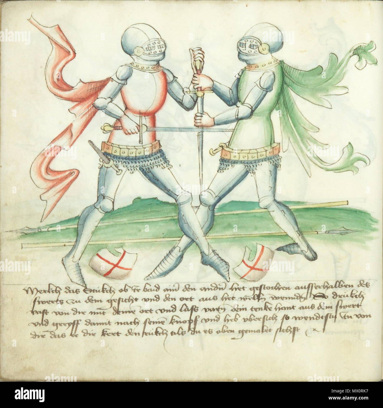 . Inglese: Dal Kunsthistorisches Museum Ms. KK5013, intitolato Gladiatoria dopo l'iscrizione all'inizio della libreria Iagellonica la sig.ra germe.Quart.16 (una copia diversa del manoscritto). 12 settembre 2005, 00:28:49. Anonimo 430 Ms. KK5013 21v Foto Stock