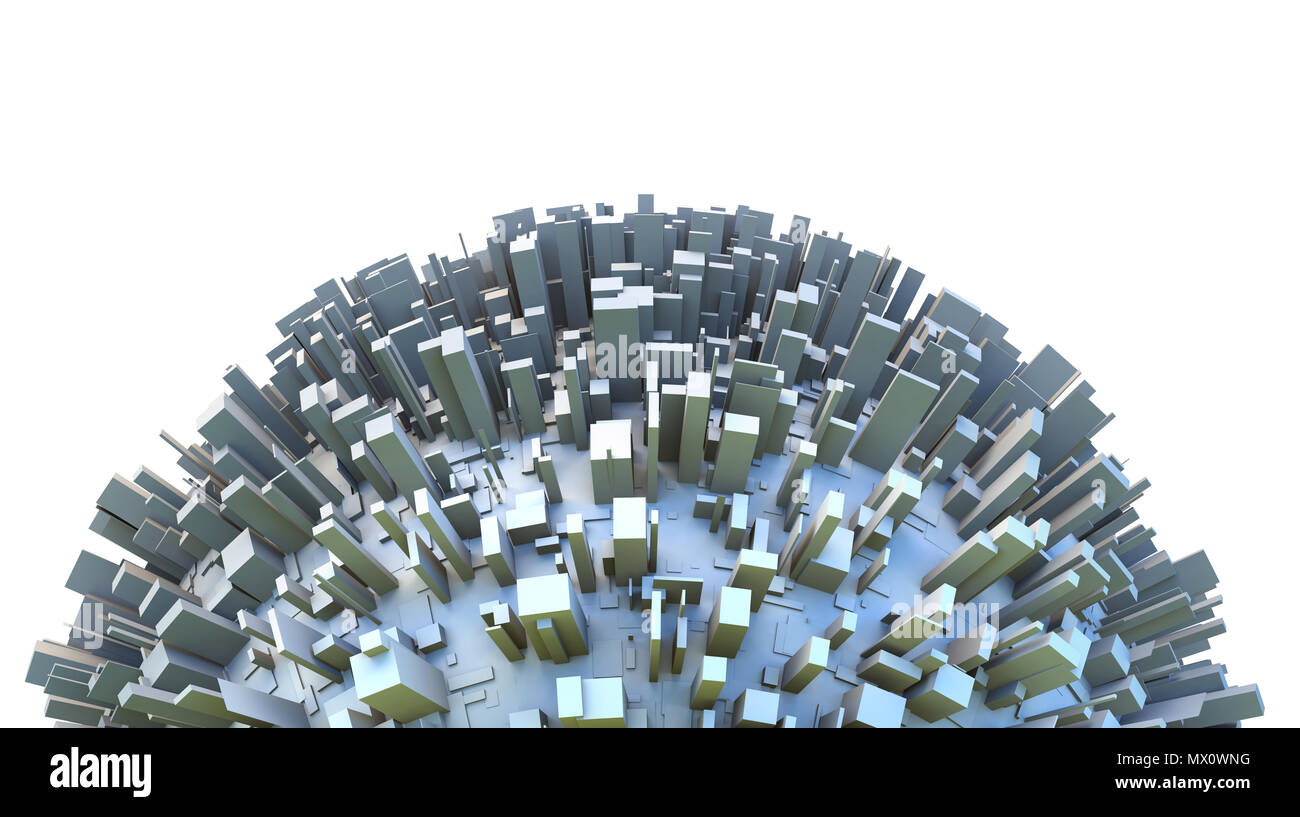 Emisfero astratta di 3d pianeta coperte dalla scatola semplice grattacielo edifici della città Foto Stock