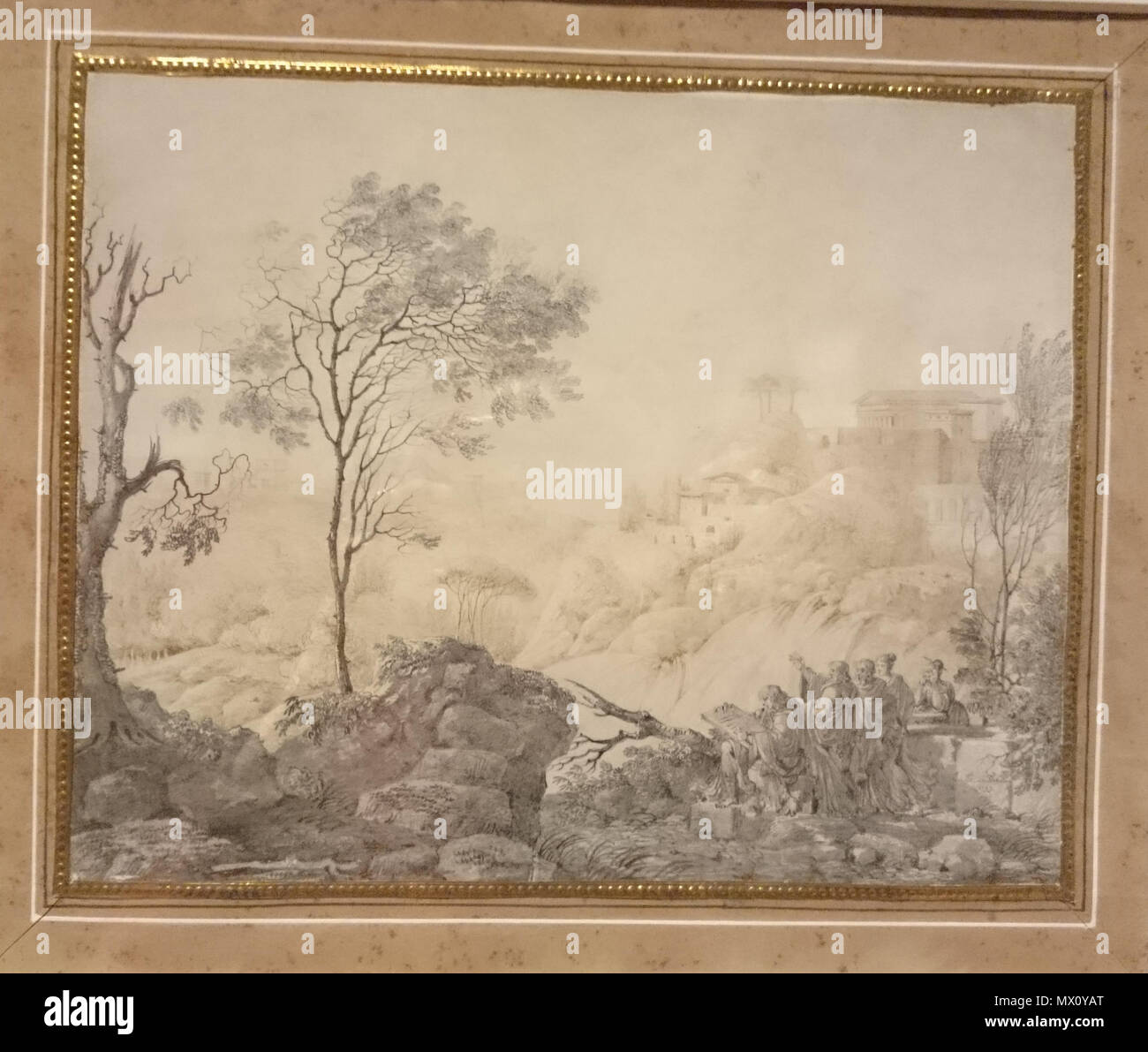 . Inglese: Paesaggio con figure antiche. Matita e matite colorate su carta d'arte. Пейзаж с фигурами античными. Карандаш, цветной карандаш на мелованной бумаге. 1799. Jean-François Thomas de Thomon 359 Landscape-DeThomon Foto Stock