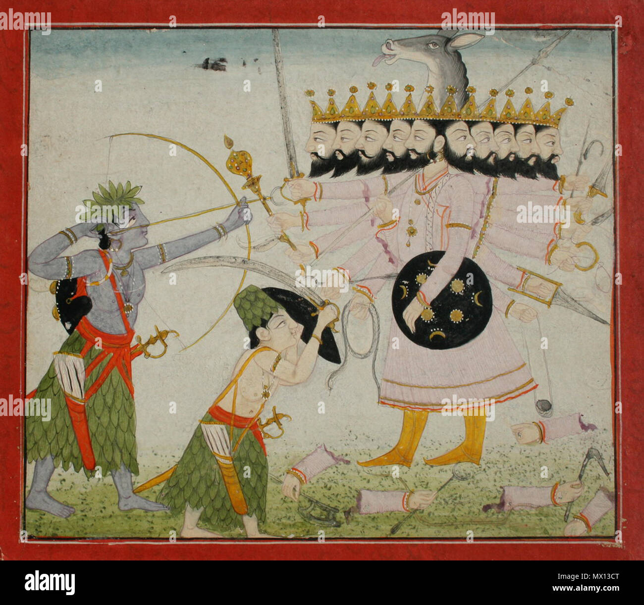 . Inglese: Ramayana illustrazione: Foresta abitazione Rama e Lakshmi battaglia Ravana. Mandi, circa 1840. Gouache e oro su wasli. 17,5 x 20.2cm . 1840. Mandi, 213 dimora di foresta Rama e Lakshmi battaglia Ravana. Foto Stock