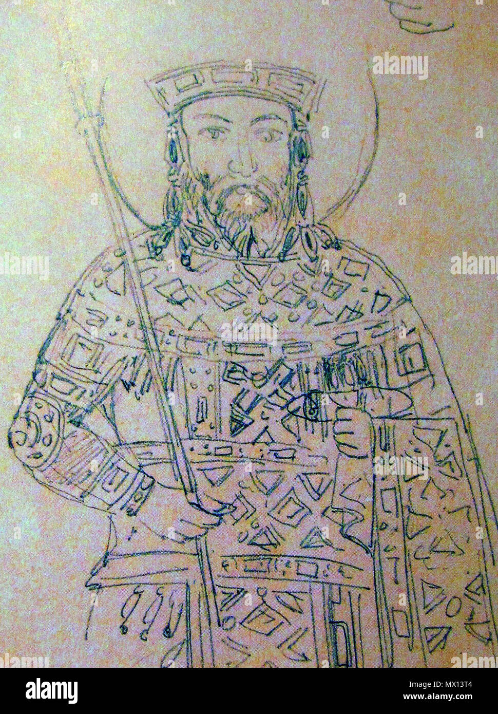 . Inglese: Giovanni V Paleologo, tenendo akakia, ca. 1354/1355. Fossati disegno del mosaico, lato nord del grande arco orientale in Hagia Sophia, Costantinopoli. 1847. Gaspare Fossati (1809-1883) e Giuseppe Fossati (1822-1891) 323 Giovanni V Paleologo, Fossati disegno del mosaico in Hagia Sophia Foto Stock