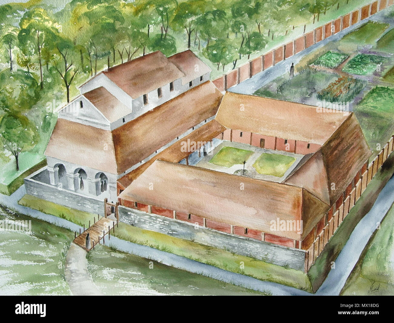 54 Aquarelle d'interprétation de l'Abbaye de carolingienne Hamage Foto Stock