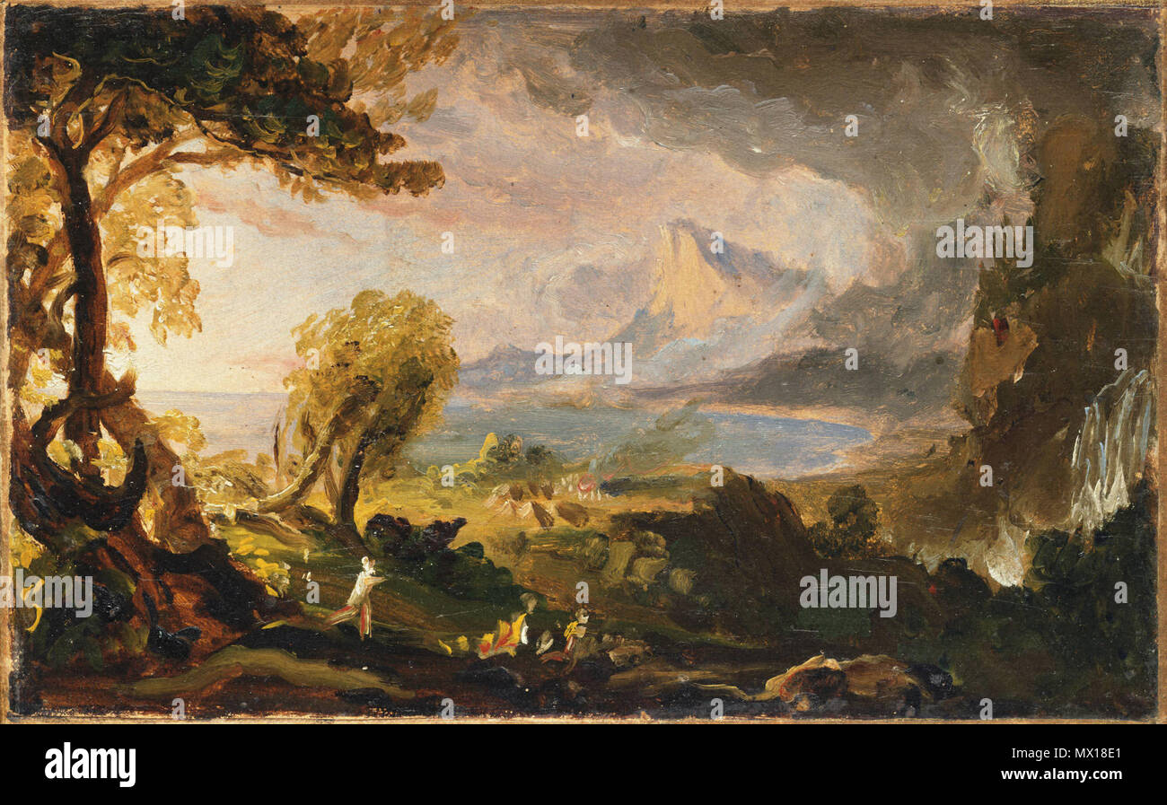. Inglese: Thomas Cole, americano, 1801-1848 Studio per il corso di Empire-selvaggia membro, ca. 1834 olio su carta montata su tela 16 x 26 cm. (6 5/16 x 10 1/4 in.) telaio: 29,5 × 39,5 × 4,7 cm (11 5/8 × 15 9/16 x 1 7/8 in.) il dono di Frank Jewett Mather Jr. y1941-51 . circa 1834 7 1834, Cole, Thomas, di studio per il corso di Empire-The Savage membro Foto Stock