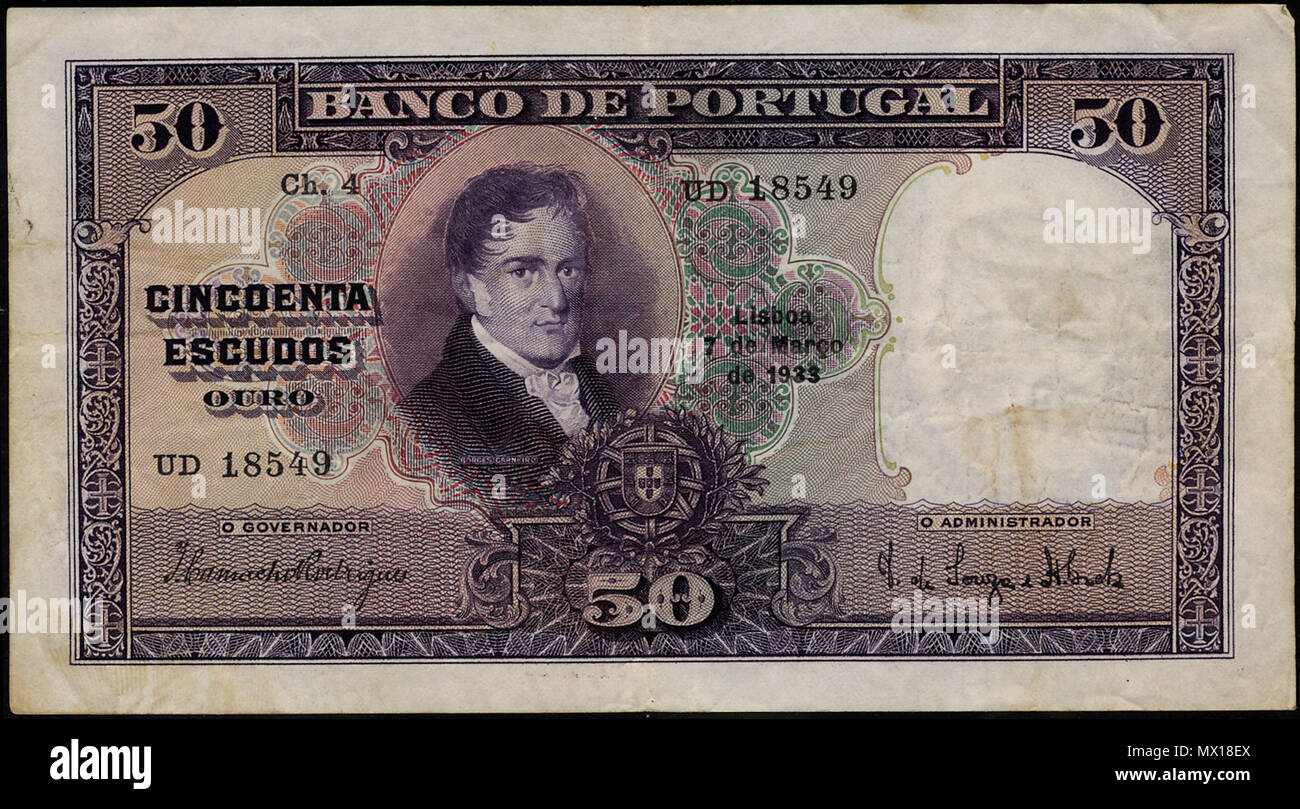 . Inglese: Banconote di Portogallo 50 Escudos banconota del 1933, Manuel Borges Carneiro. 12 marzo 2012, 13:55:40. Banca del Portogallo 71 Banco de Portugal 50 Escudos banconota del 1933, Manuel Borges Carneiro. Foto Stock