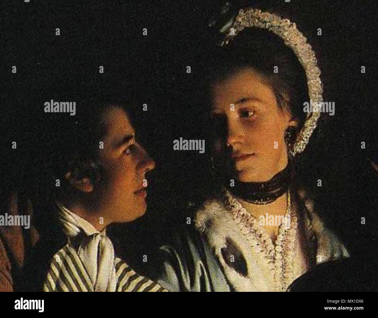 . Deutsch: Joseph Wright di Derby (1734-1797): Ein Versuch Mit einem Vogel in der Luftpumpe, 1768. Öl auf Leinwand, 183 x 244 cm. National Gallery di Londra. Dettaglio (junges Paar). 1768. Joseph Wright di Derby 326 Joseph Wright di Derby. Un esperimento su un uccello nella pompa dell'aria. Dettaglio. Coppia giovane Foto Stock