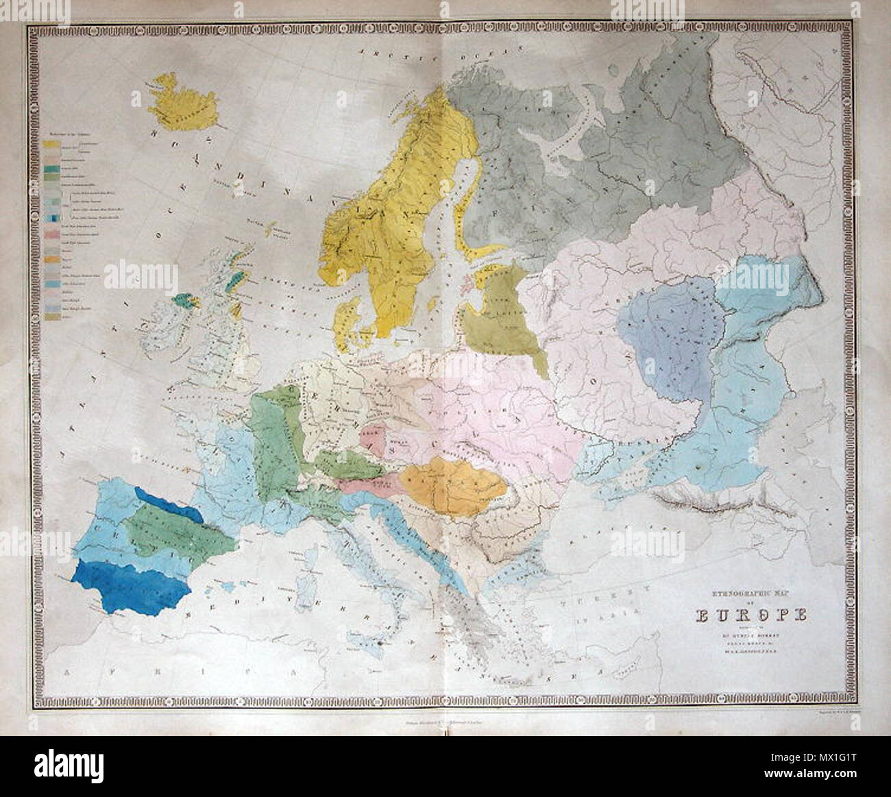 . Inglese: "Mappa Etnografico d'Europa secondo la dott.ssa Gustaf Kombst ... da A.K.Johnston FRGS" incise da W. & A.K. Johnston e pubblicato nella Nazionale di Atlas, 1843. Di acciaio inciso mappa con mano originale a colori. Centerfold come pubblicato e molto lieve imbrattamento. Dimensioni 59 x 49 cm. (Nota - si tratta di una fotocamera digitale immagine con un'illuminazione irregolare.) REF E3819 . 1843. A.K.Johnston 199 Europa, grandi etnografici, Johnston, 1848 Foto Stock