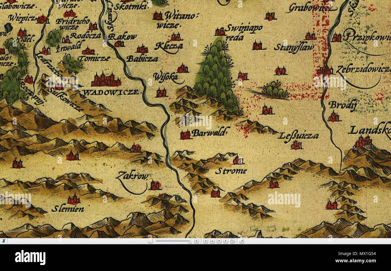 . Polski: Mapa Księstwa Oświęcimskiego ho Zatorskiego (frammento), Antwerpia 1590 . Il 14 dicembre 2011. Gillis Coppens, Abraham Ortelius, Stanisław Porębski, Joannes Portantius 73 Barwald mapa 1590 ortelius Foto Stock