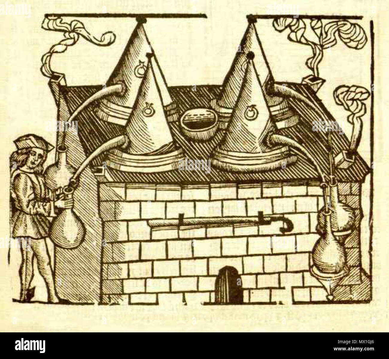 . Français : Rosenhut à 4 chapiteaux, servo à distillatore des huiles essentielles. 9 gennaio 2016, 13:27:41. Hieronymus Brunschwig (1450-1512) 529 Rosenhuts Brunschwig Foto Stock