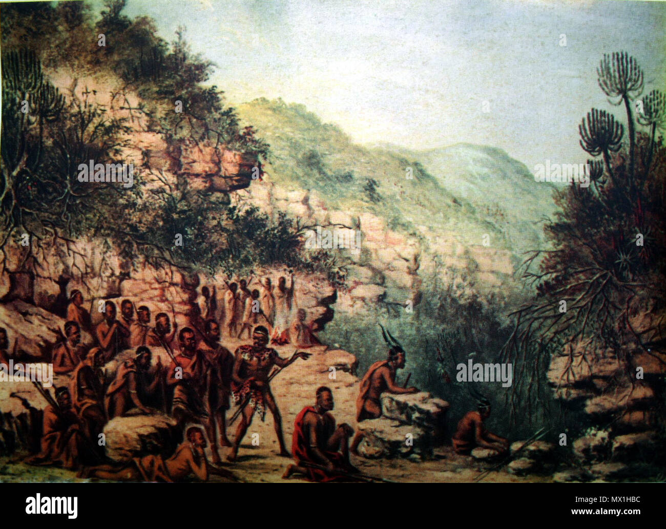 . Inglese: 'Sandile e guerrieri armati in appoggio su un Krans", dipinto da Federico Timpson I'Ons (1802-1887) . prima di 1887. J. J. Redgrave & Edna Bradlow 221 Federico Timpson I'Ons05 Foto Stock