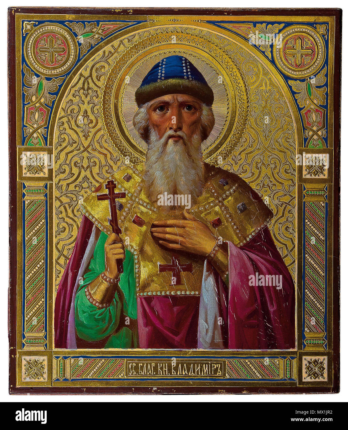 . Vladimir il Grande. Olio su pannello di legno Il Santo raffigurato frontali in mezza lunghezza portante il martire cross. Lo sfondo e il bordo fustellato ornamentali. Il confine per emulare la contemporanea opere di smalto. Russo, circa 1900. 31 x 26,7 cm. Russland, um 1900 . 19 c,. Anonimo 292 Icona di san Vladimiro (c. 1900, Russia, priv. coll.) Foto Stock . Vladimir il Grande. Olio su pannello di legno Il Santo raffigurato frontali in mezza lunghezza portante il martire cross. Lo sfondo e il bordo fustellato ornamentali. Il confine per emulare la contemporanea opere di smalto. Russo, circa 1900. 31 x 26,7 cm. Russland, um 1900 . 19 c,. Anonimo 292 Icona di san Vladimiro (c. 1900, Russia, priv. coll.) Foto Stock