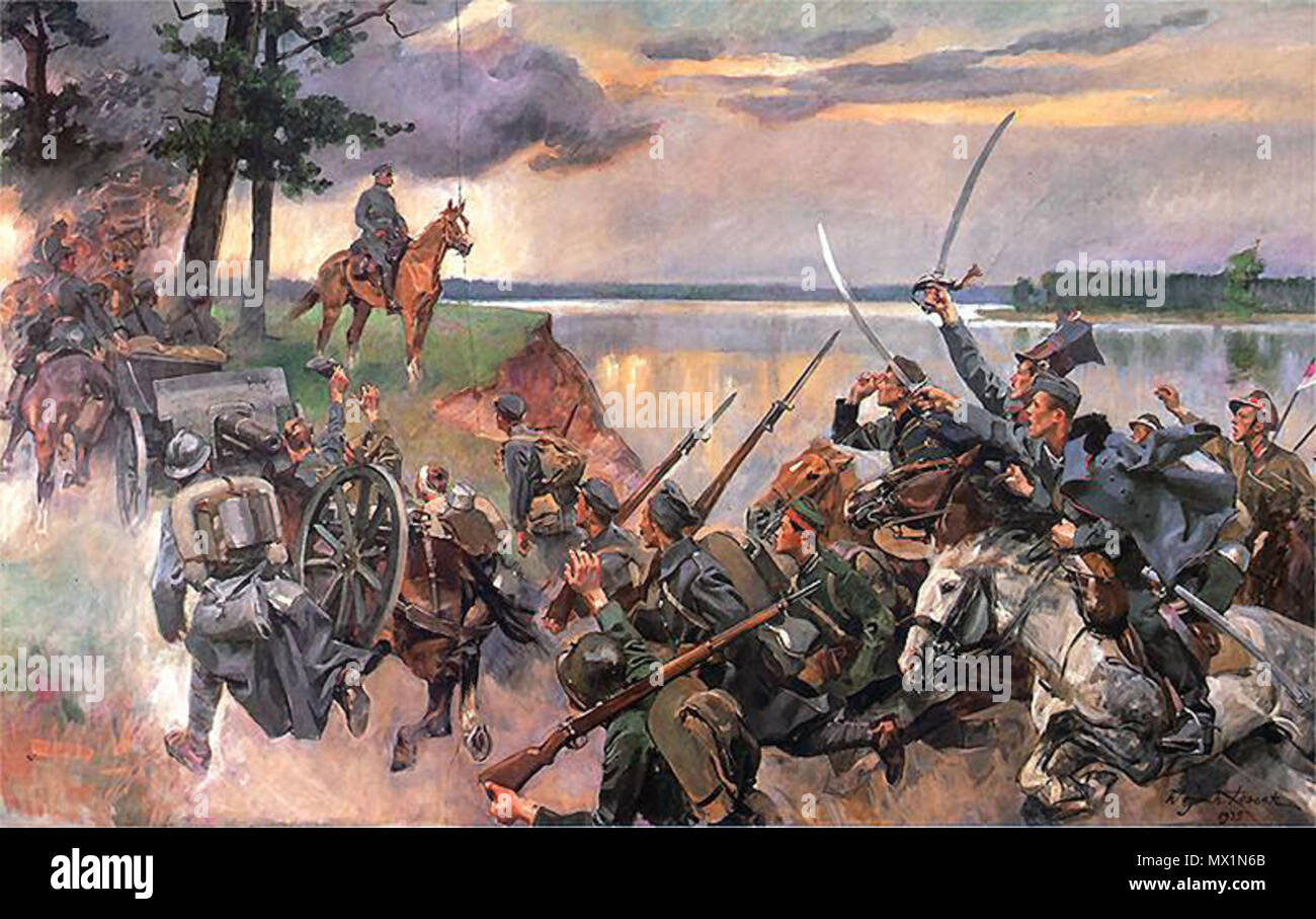 . Frammento di un dipinto allegorico Bitwa nad Niemnem (battaglia di Niemen) da Wojciech Kossak . 1935 19 800px-Bitwa niemenska Foto Stock