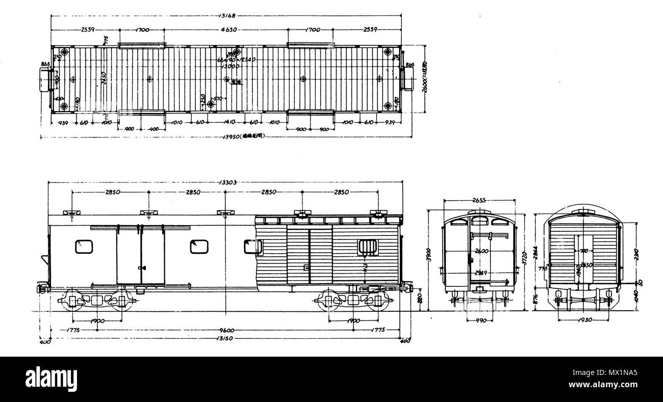 . 日本語: 日本国有鉄道ワキ1形貨車（タイプ4）の形式図 Inglese: tipo di disegno di JNR della classe Waki1 nolo auto (tipo4) . 6 aprile 2012. 日本国有鉄道 317 JNR-waki1d-TD Foto Stock