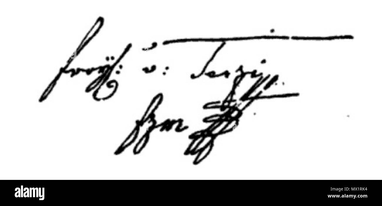 . Deutsch: Unterschrift des k. K. Feldzeugmeisters Ludwig Freiherr von Terzi (1730-1800); Faksimile aus Oesterreichische Militärische Zeitschrift, 1. *** Heft, Wien 1848, nach S. 36 (Nr. XIII). 14 luglio 2016, 03:22:12. Sconosciuto 622 Unterschrift Ludwig von Terzi Foto Stock
