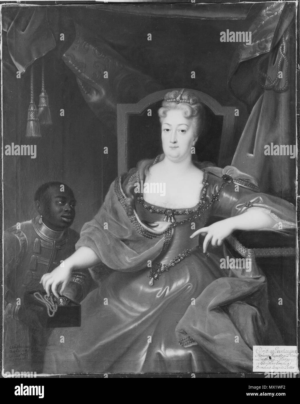 . Svenska: Knäbild, sittande från vänster, ho brungul klänning och röd mantel. Vid hennes sida en l'uomo. Svenska: Kristina Eberhardina, 1671-1727, prinsessa Brandenburg-Bayreuth av . Svenska: Knäbild, sittande från vänster, ho brungul klänning och röd mantel. Vid hennes sida en l'uomo. . Data sconosciuta 349 Kristina Eberhardina, 1671-1727, prinsessa Brandenburg-Bayreuth av - Nationalmuseum - 15853 Foto Stock