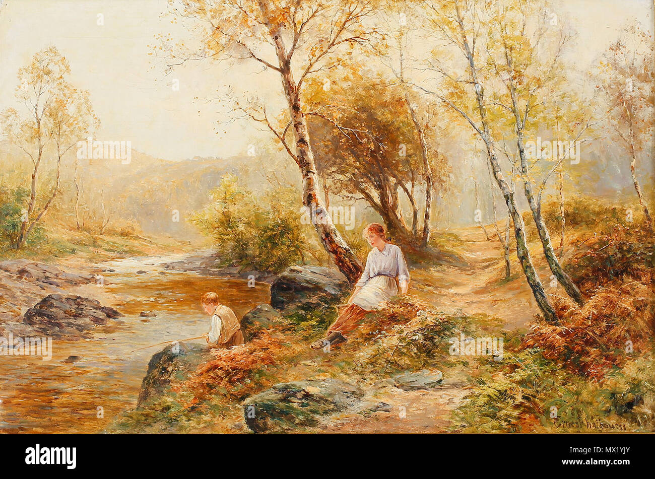 . Inglese: Paesaggio con una donna e di un ragazzo di pesca. Olio su tela, 51 x 76 cm. Fine del XIX secolo o inizio del XX secolo. Ernest Walbourn 359 Landskap med kvinna och fiskande pojke Foto Stock